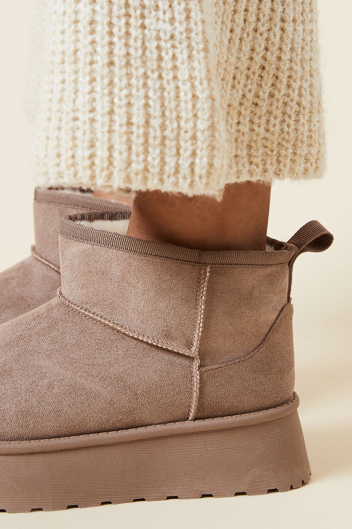 Dorothy Perkins Hadiya Suedette Faux Fur Lined Cosy Chunky Flatform Ankle Boots Taupe image 4