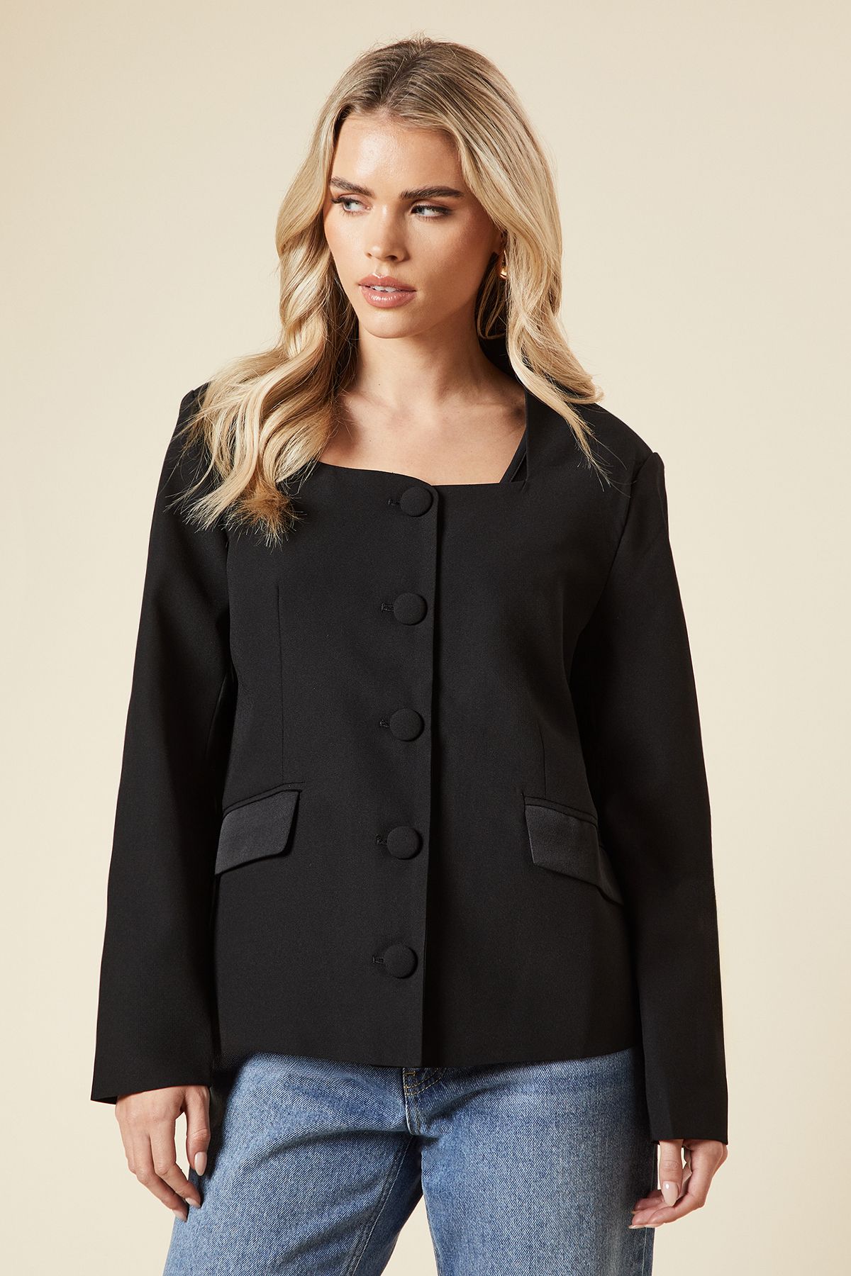 Dorothy Perkins Petite Satin Sweetheart Neckline Jacket Black image 1