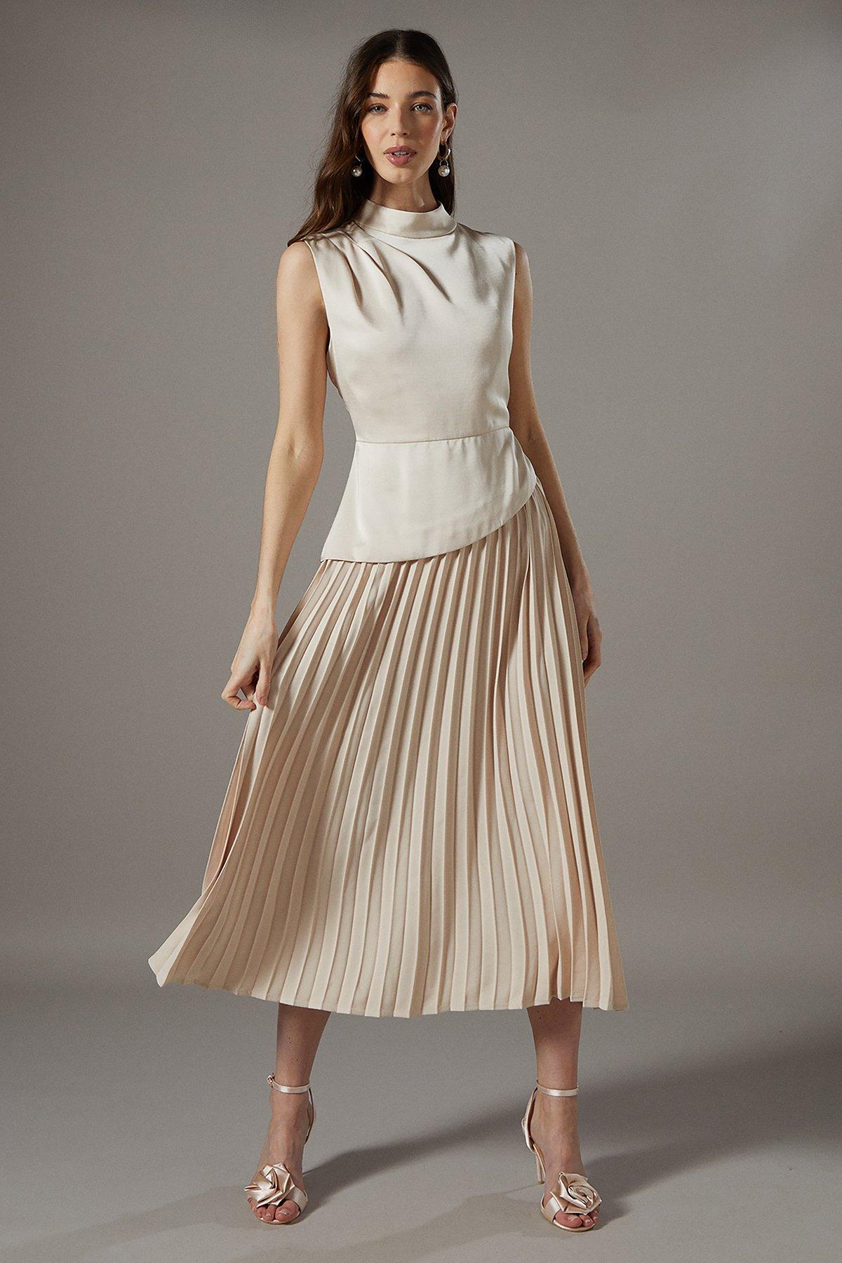 Clothing Oasis Metallic Pleated Skirt Coast Oyster Drape High Neck