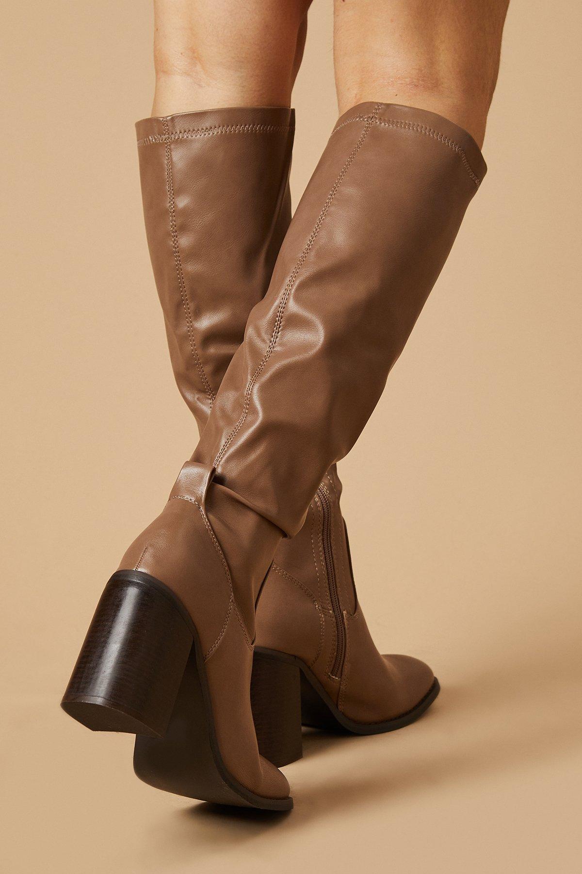 Oasis Kayin Square Toe High Block Heel Stretch Knee Boot Taupe image 3