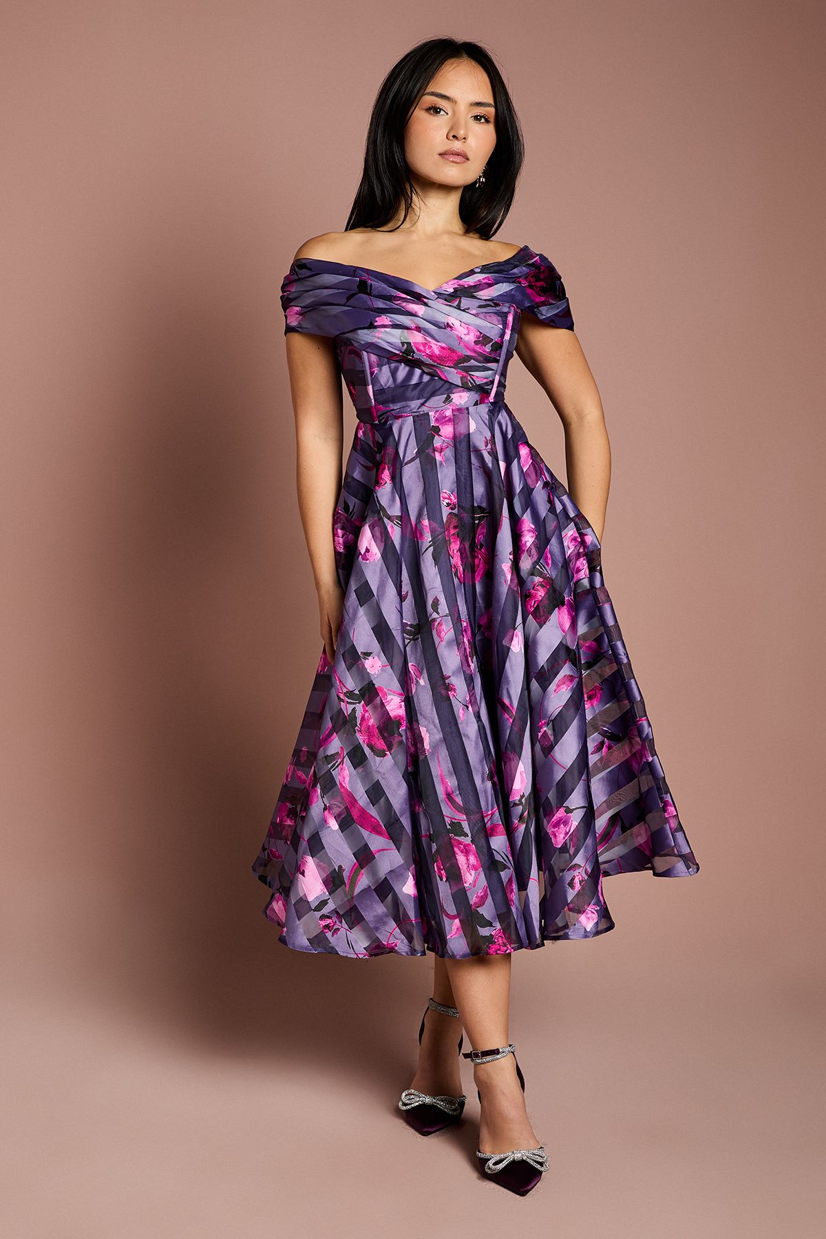 Coast Petite Stripe Organza Pleated Top Midi Dress Purple image 1