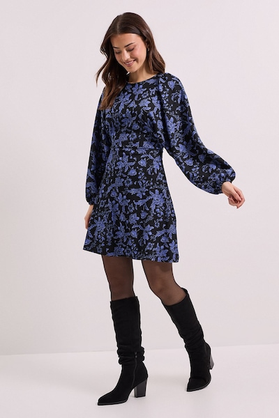 Dorothy Perkins Blue Floral Blouson Sleeve Printed Jersey Mini Dress Blue