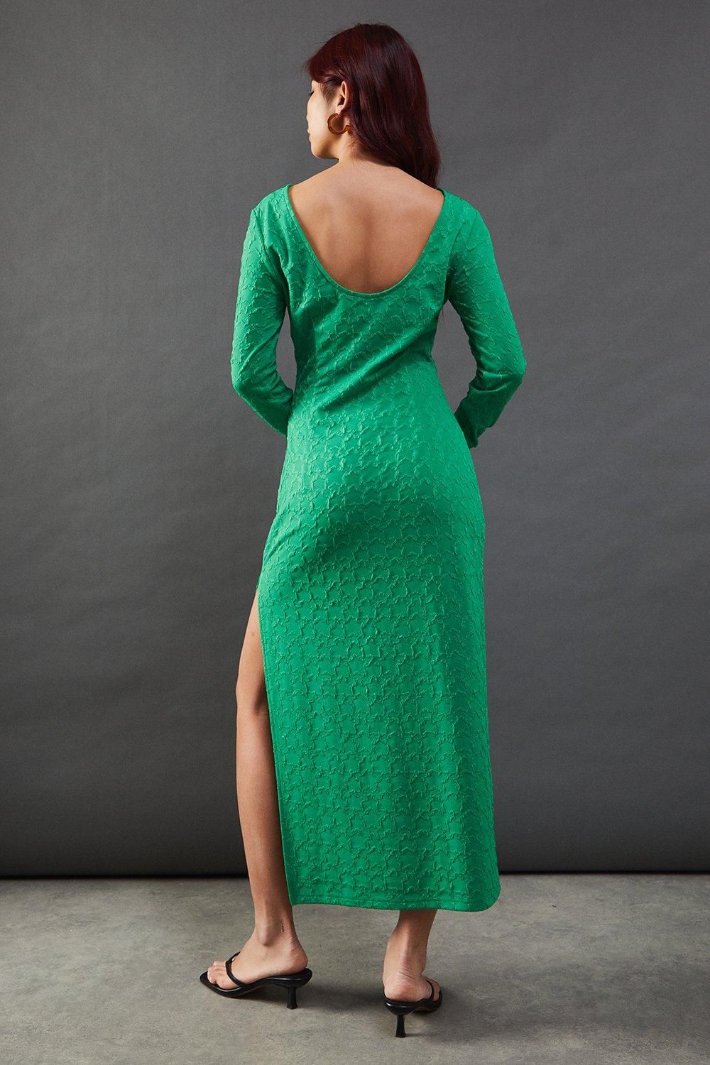 Warehouse Jersey Jacquard Slash Neck Scoop Back Midi Dress Olive image 3
