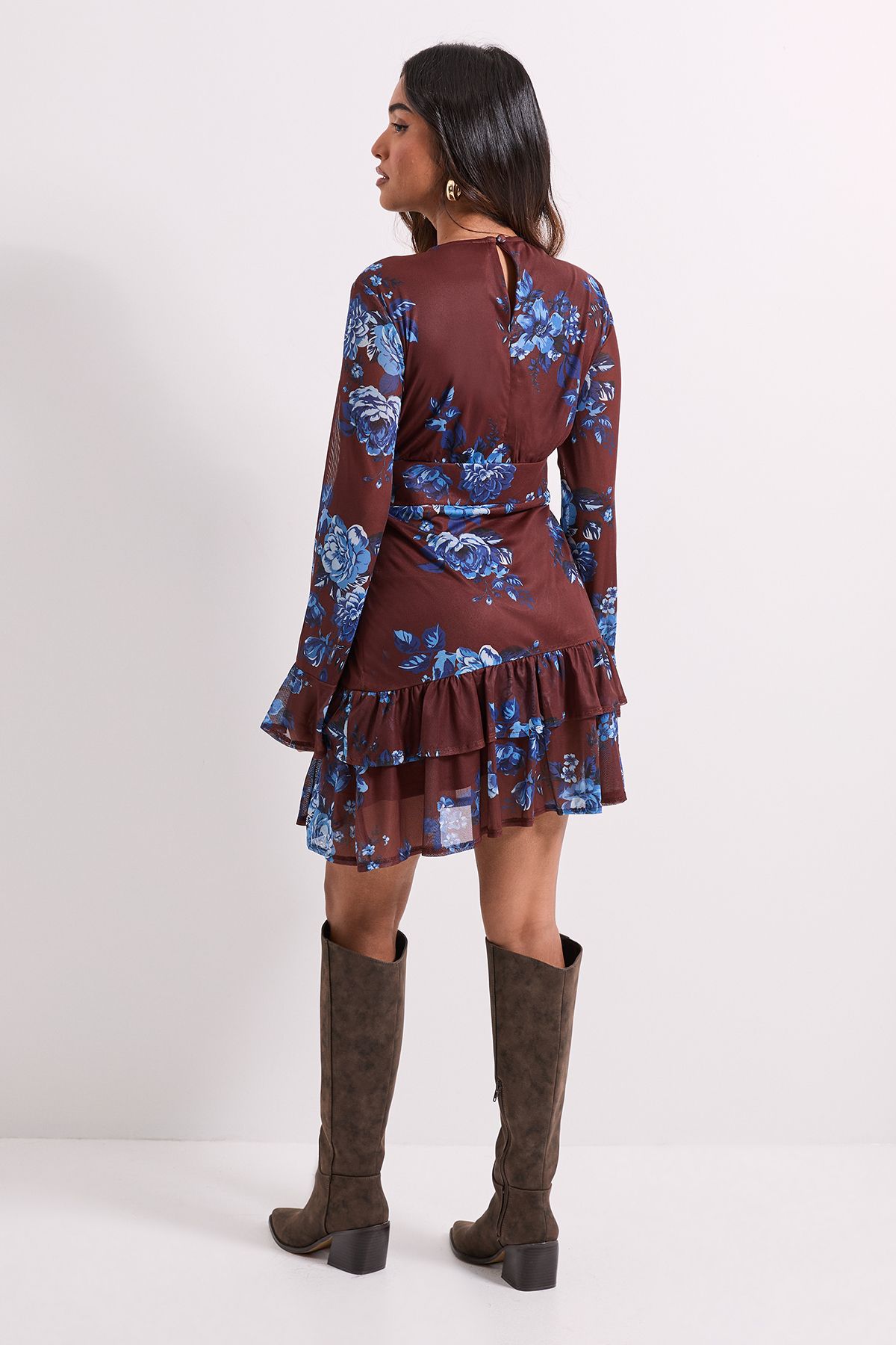 Dorothy Perkins Petite Tiered Skirt Printed Mesh Mini Dress Blue image 3