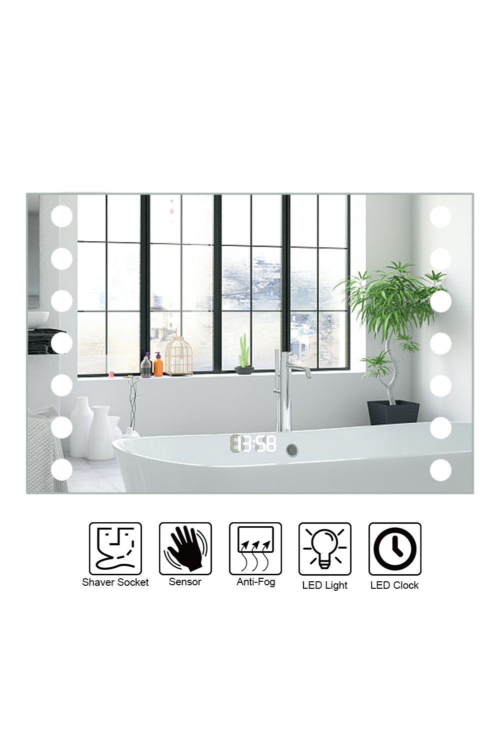 Living and Home Bathroom Horizontal LED Anti-Fog Mirror with Sensor Switch and Clock image 5
