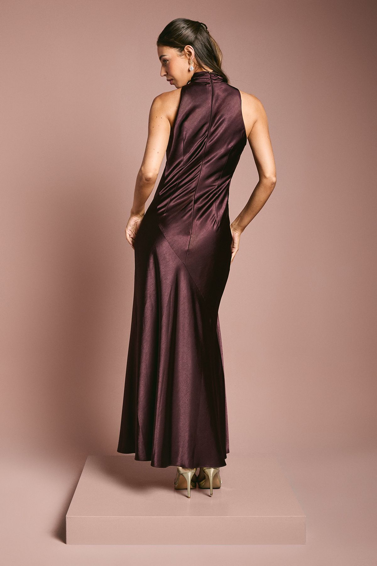 Coast Satin Bias Cut High Neck Fishtail Bridesmaid Maxi Dress Espresso image 4