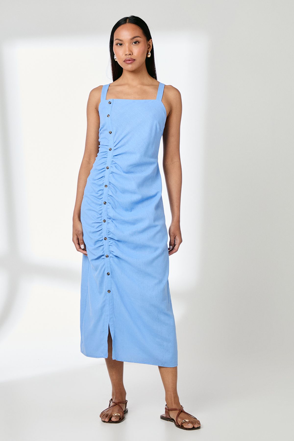 Principles Button Detail Square Neck Linen Blend Midi Dress Blue