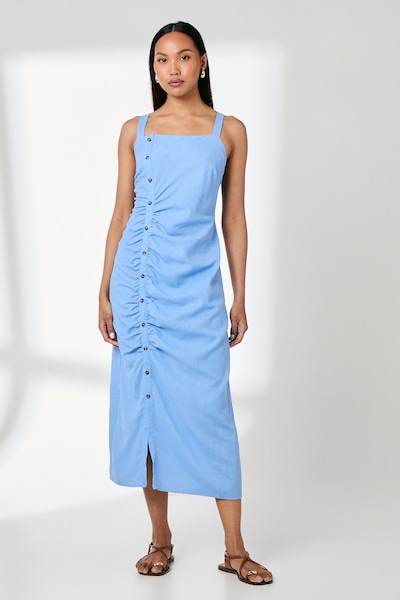 Principles Button Detail Square Neck Linen Blend Midi Dress Blue