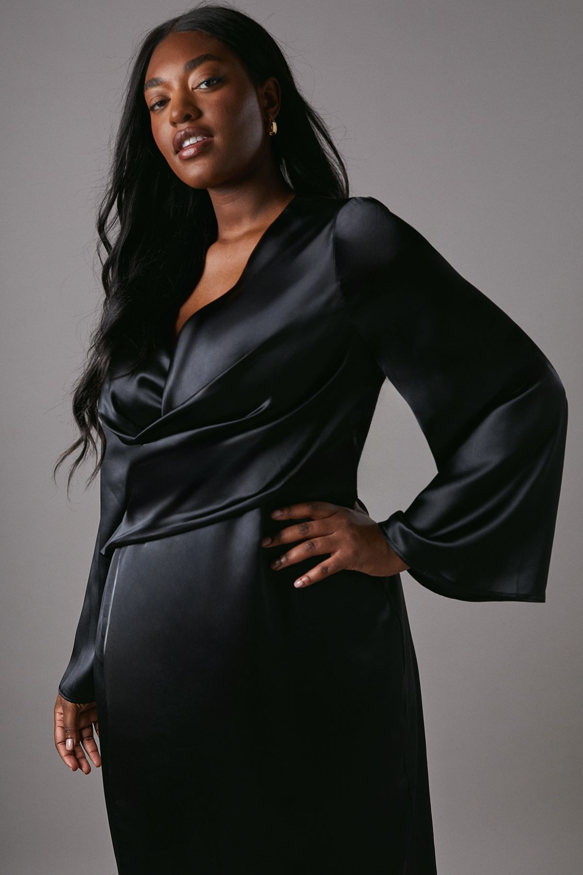 Coast Plus Satin Wrap Front Dress With Flare Sleeve Black image 2