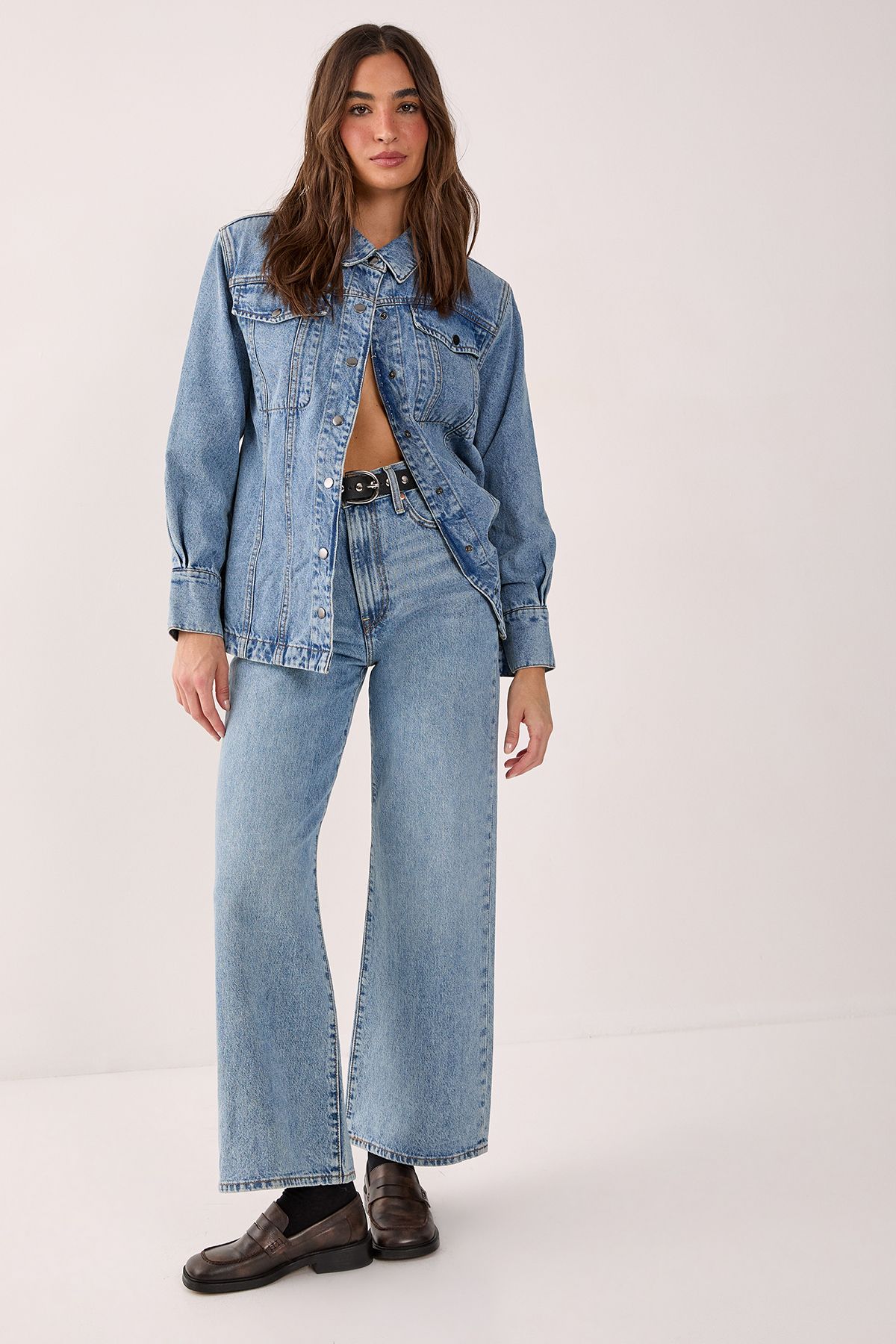 NastyGal Denim Shoulder Pad Shirt Vintage Blue image 2