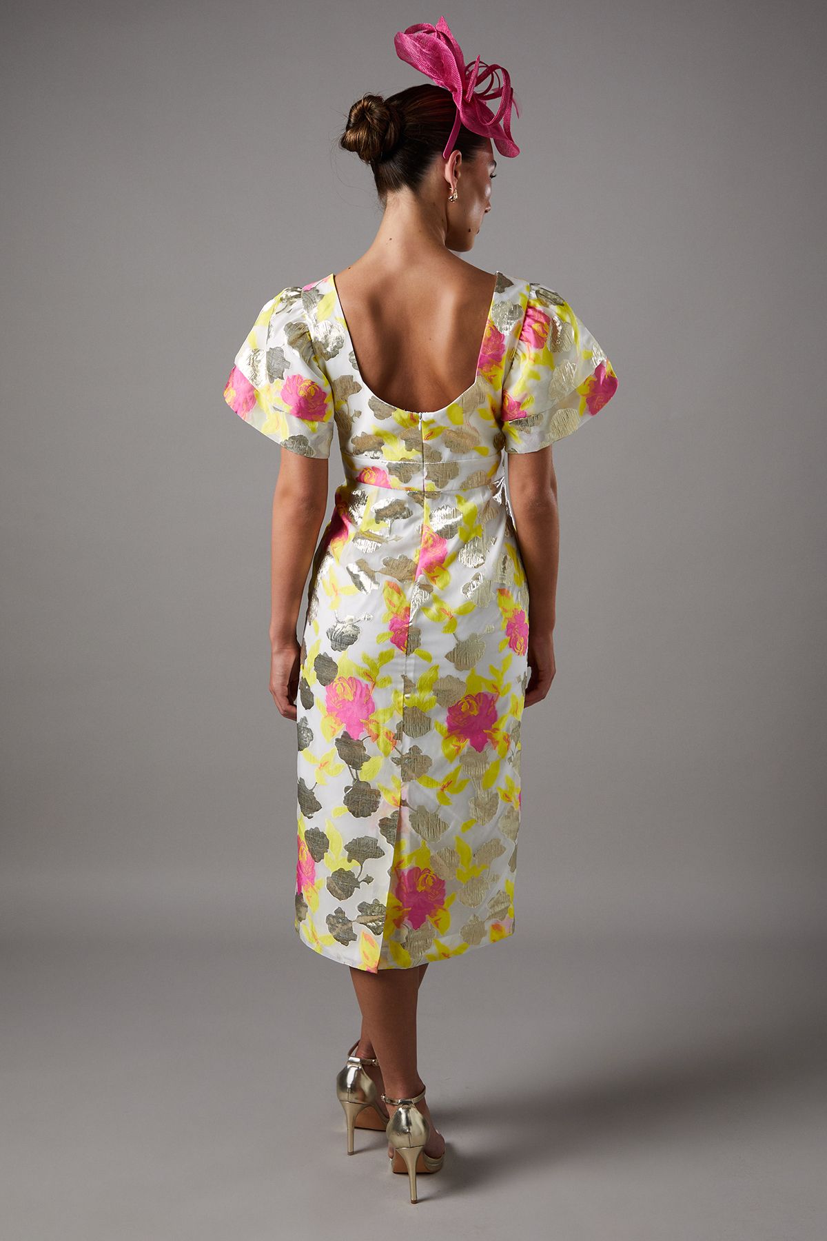 Coast Metallic Jacquard Volume Sleeve Midi Dress Yellow image 3