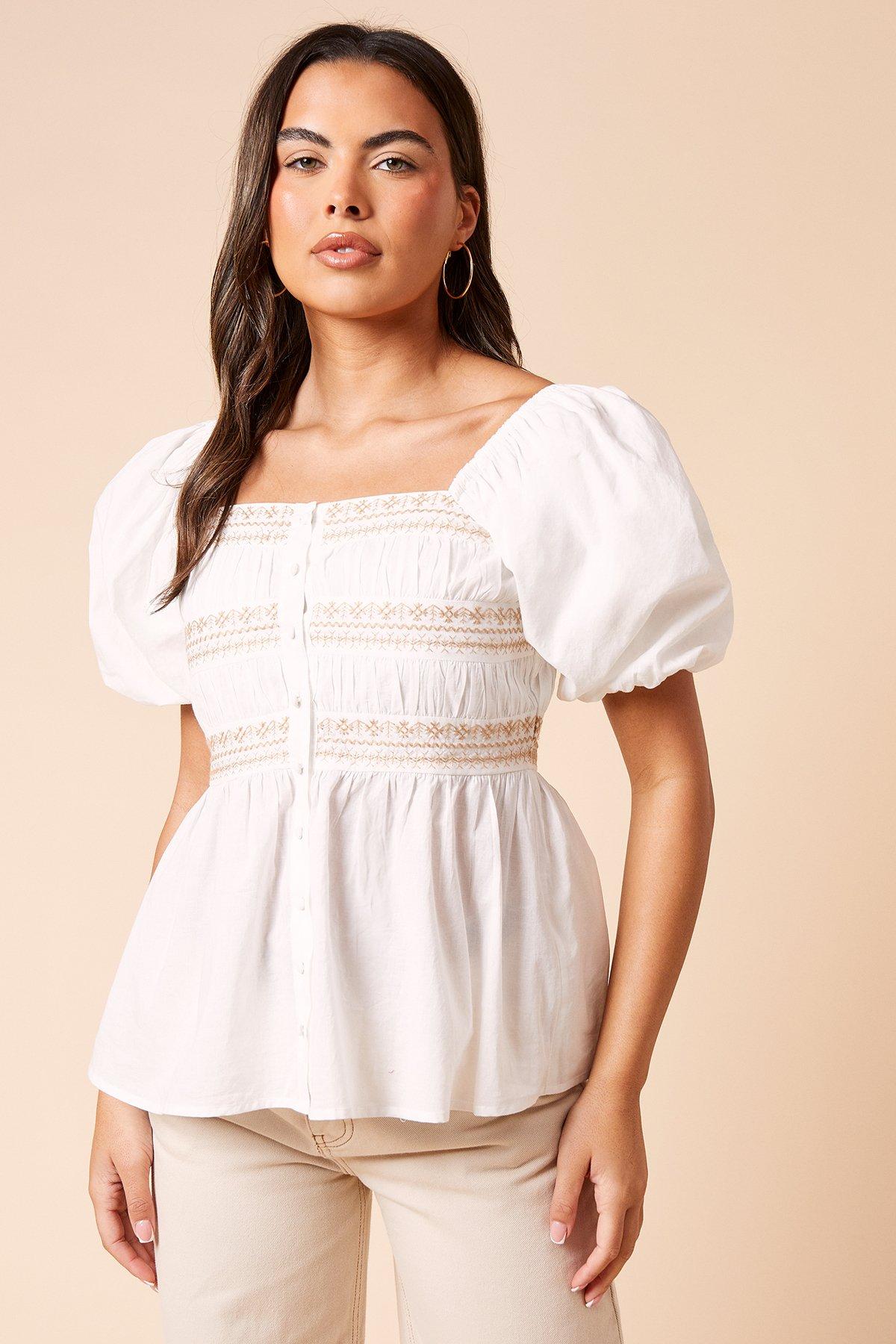 Dorothy Perkins Embroidered Button Front Top Taupe image 1