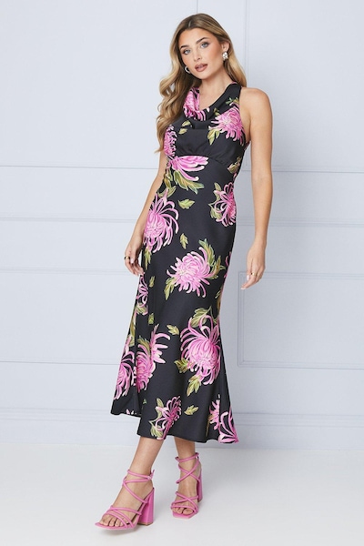 Oasis Occasion Petite Floral Satin Cross Back Midi Dress Black