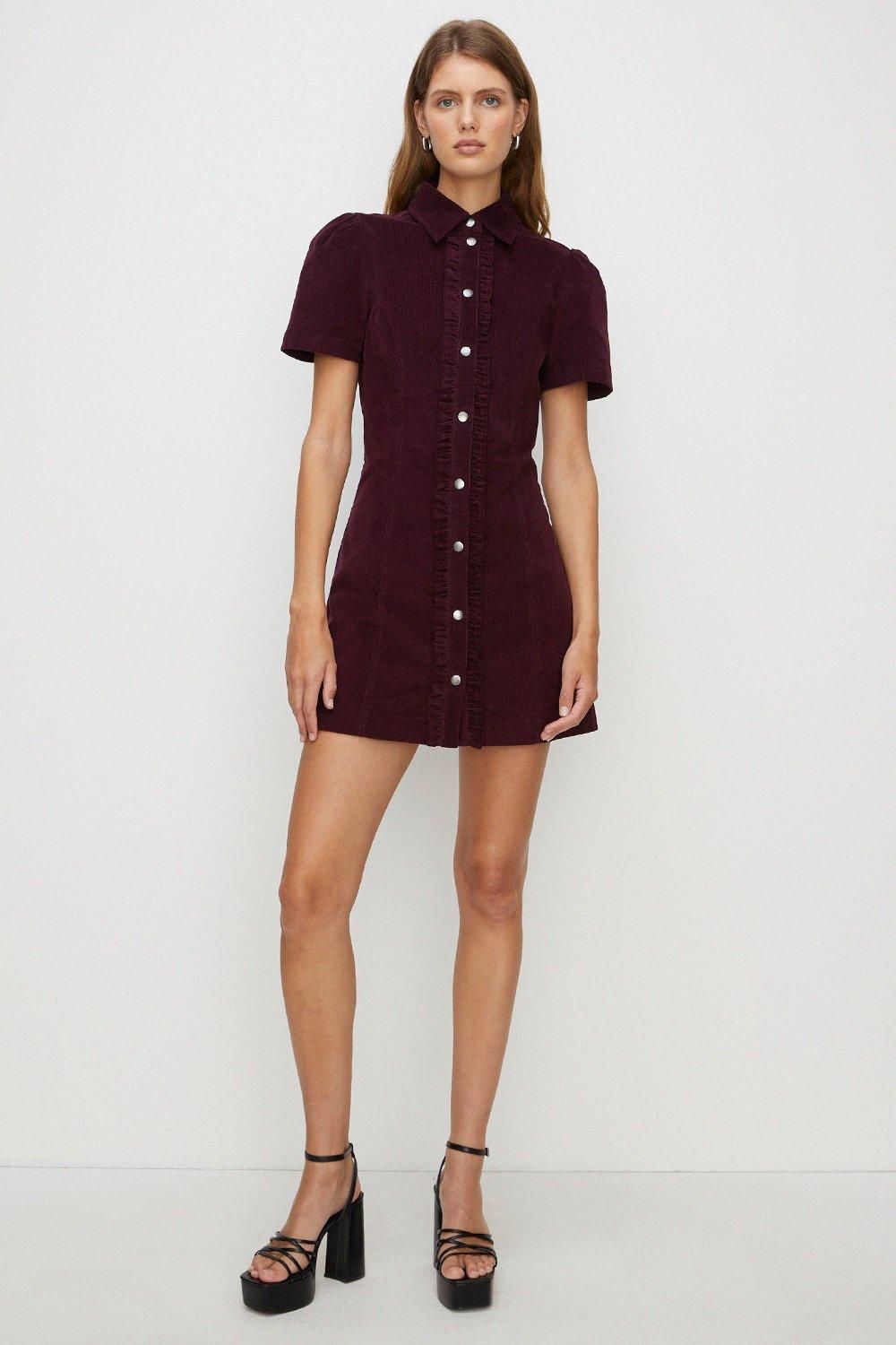 Oasis Frill Placket Mini Dress Aubergine image 1