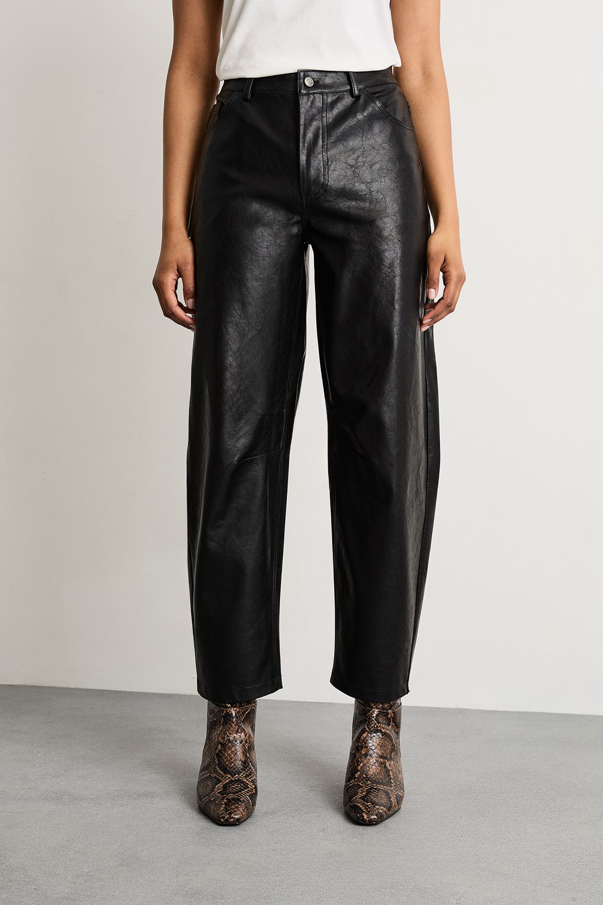Warehouse Barrel Leg Faux Leather Trouser Black image 2