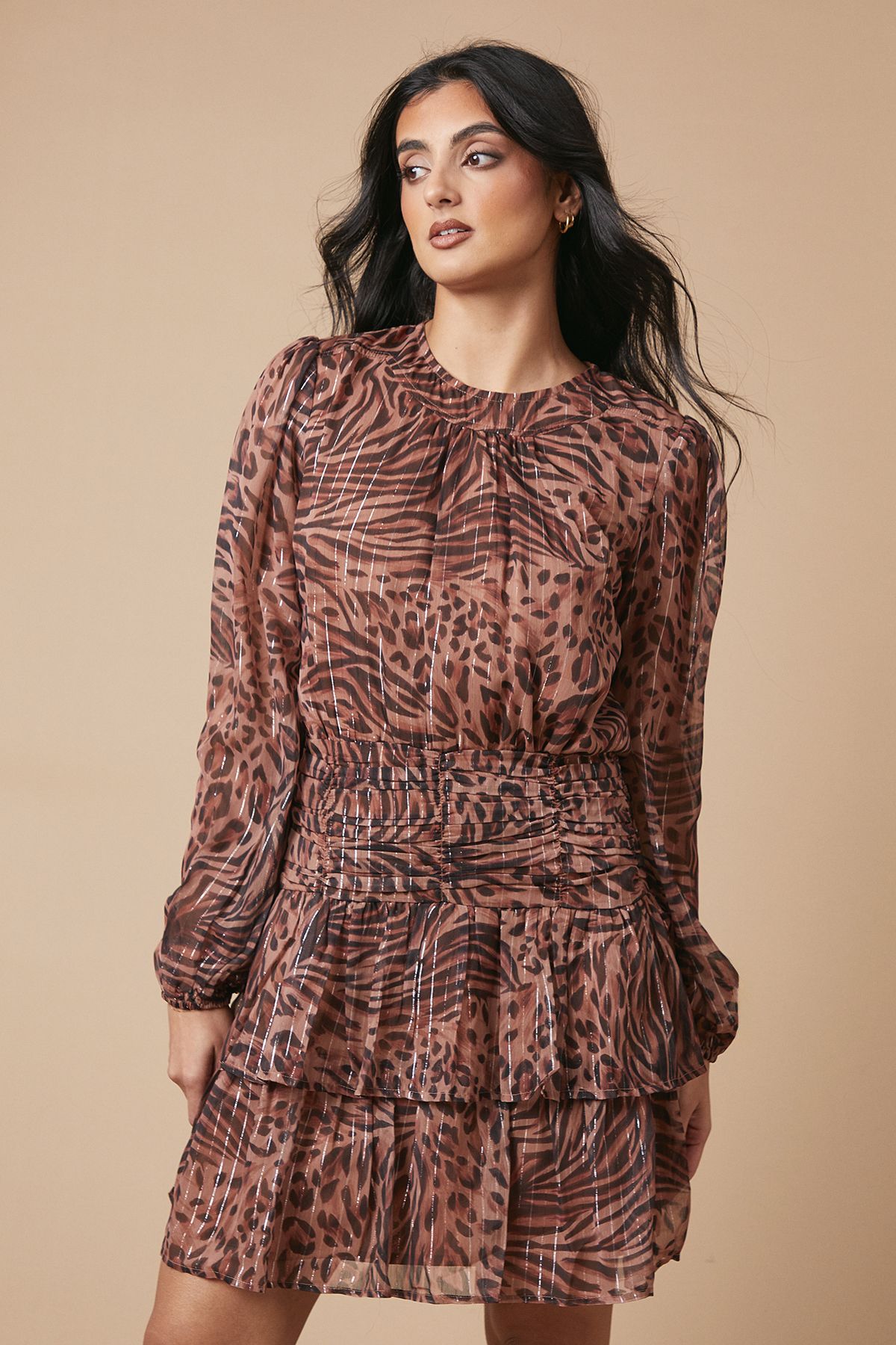 Oasis Animal Chiffon Gathered Ruched Mini Dress Animal