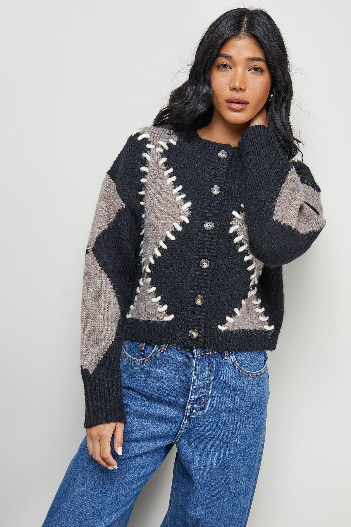 Warehouse Argyle Stitch Detail Cardigan Black image 1