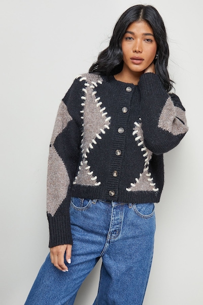 Warehouse Argyle Stitch Detail Cardigan Black