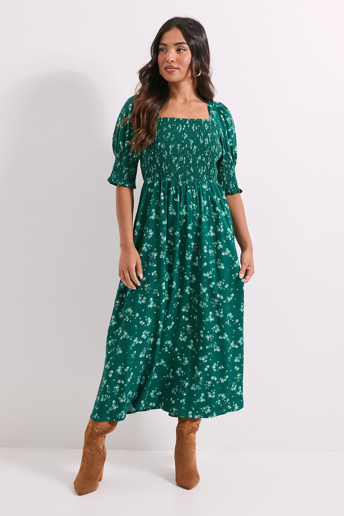 Dorothy Perkins Petite Green Floral Shirred Bodice Puff Sleeve Square Neck Midi Dress Green image 1