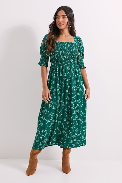 Dorothy Perkins Petite Green Floral Shirred Bodice Puff Sleeve Square Neck Midi Dress Green