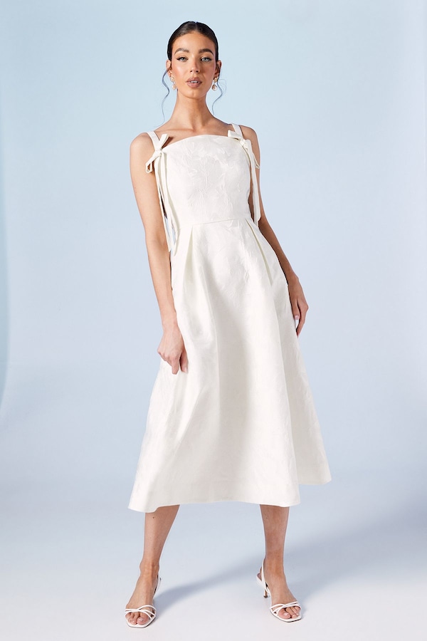 Coast Jacquard Wedding Midi Dress With Tie Detail Ivory