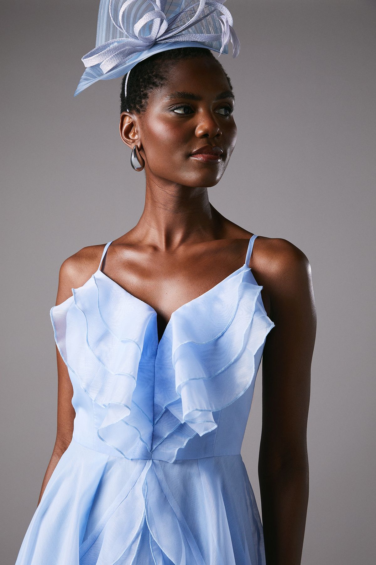 Coast Frill V Neck Midi Wedding Guest Dress Blue image 3