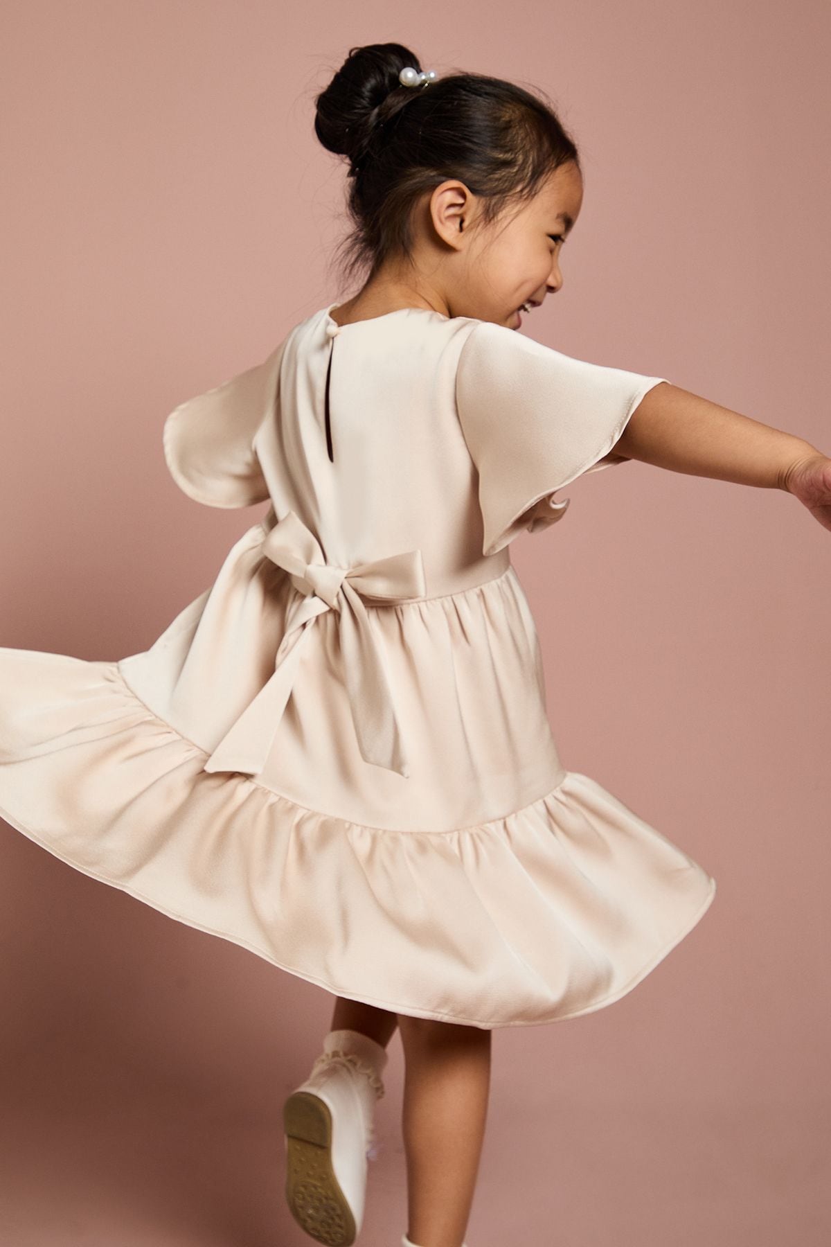 Coast Girls Satin Back Crepe Tiered Angel Sleeve Dress Champagne image 3
