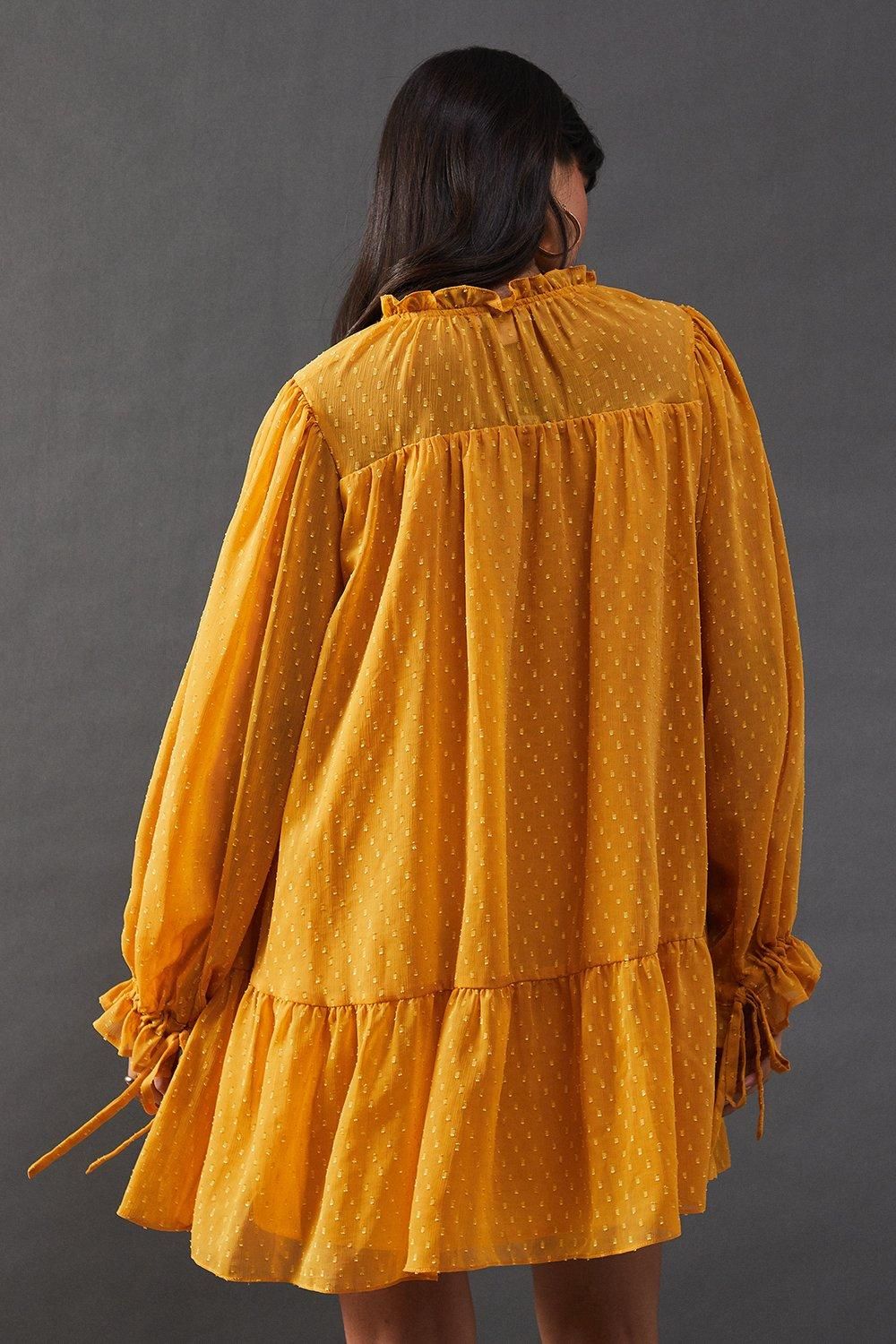 Warehouse Dobby Chiffon Tie Neck Drop Hem Mini Smock Dress Yellow image 3