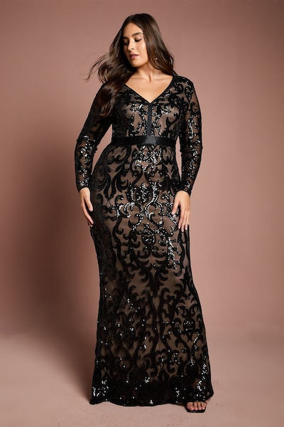 Coast Plus Size Long Sleeve Sequin Maxi Dress Black