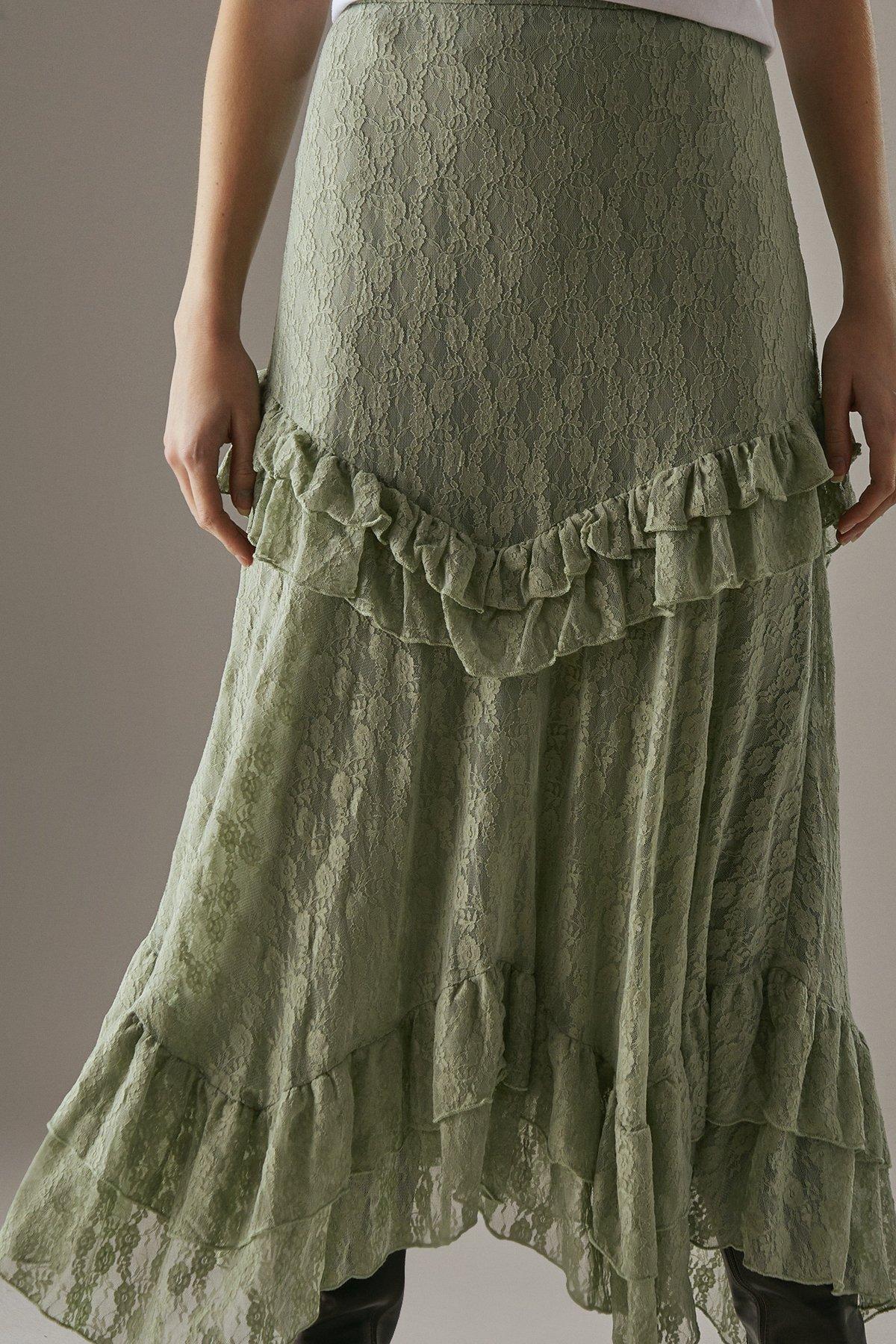 Warehouse Lace Ruffle Tier Maxi Skirt Khaki image 4