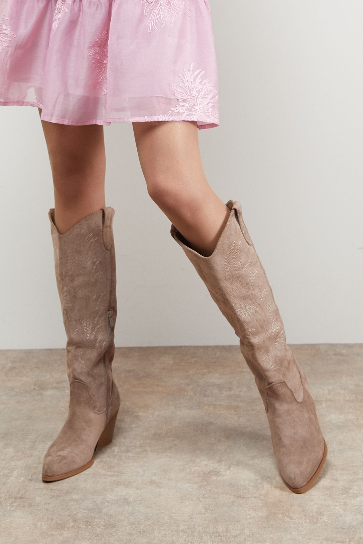 Oasis Maggie Faux Suede Embroidered Knee High Western Boots Taupe image 3