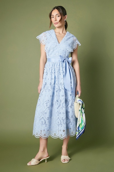 Coast Lace V Neck Belted Midi Holiday Dress Pale Blue