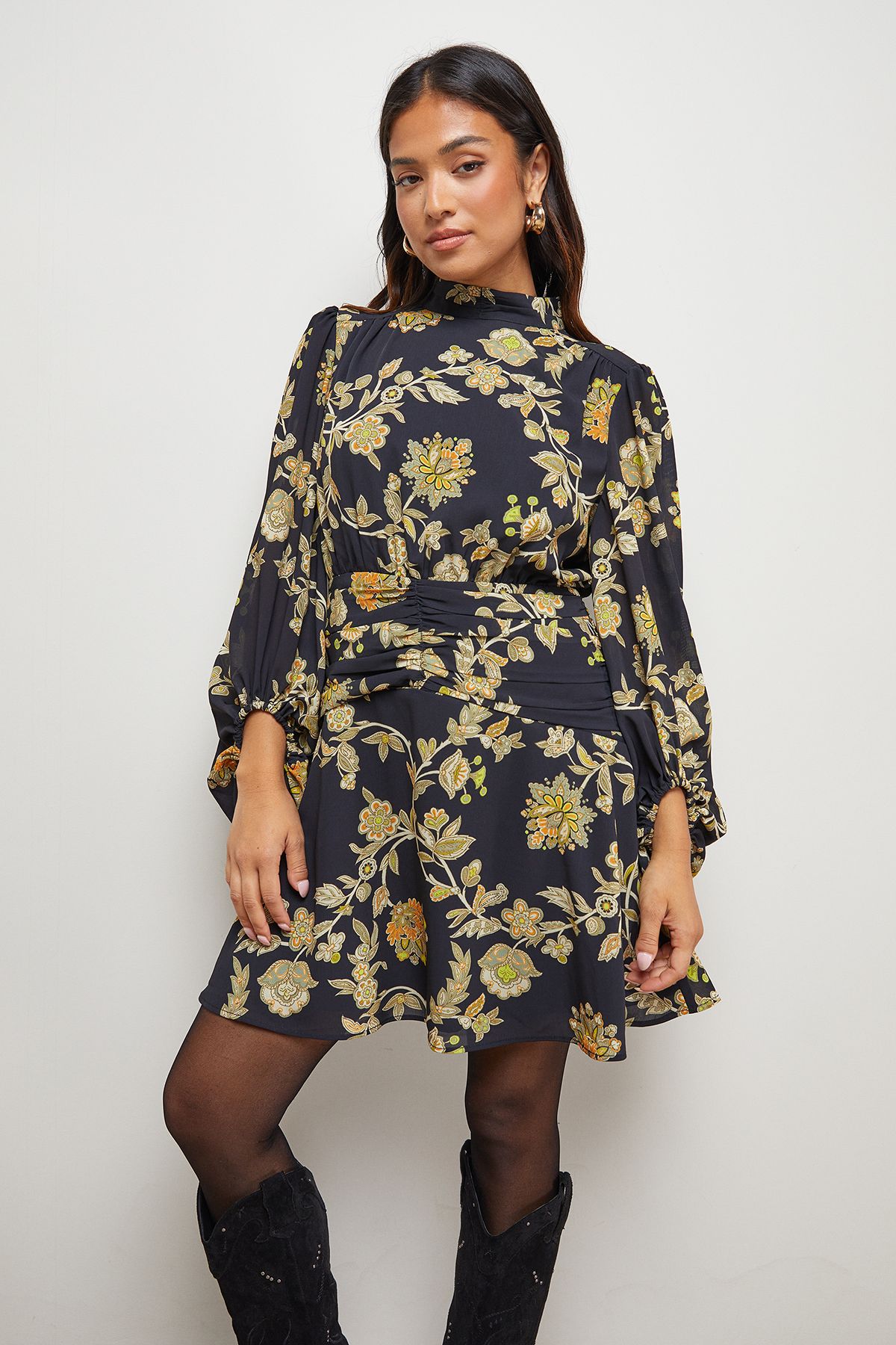 Oasis Petite High Neck Gathered Waist Balloon Sleeve Mini Dress Black image 1