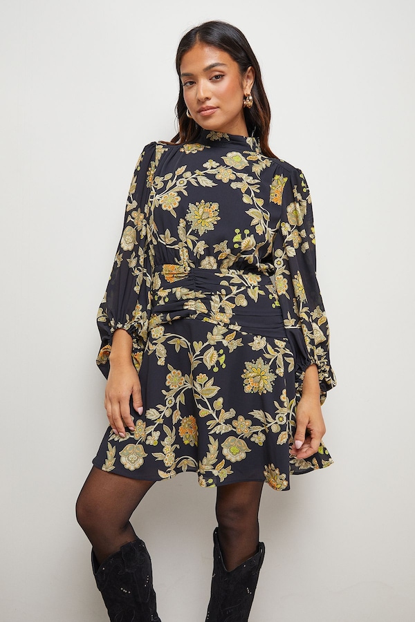 Oasis Petite High Neck Gathered Waist Balloon Sleeve Mini Dress Black