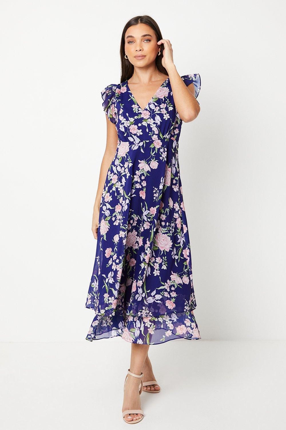 Oasis Petite Ruffle Shoulder Midi Dress Navy image 1