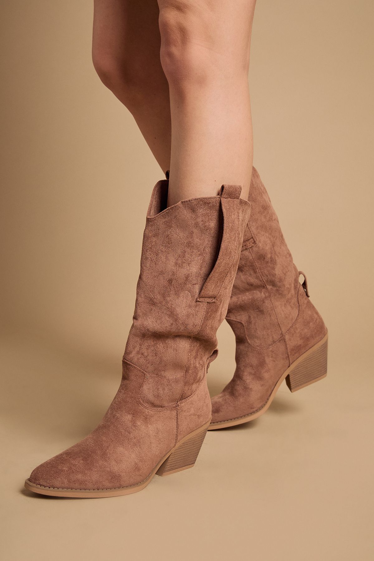 Oasis Wanda Faux Suede Slouch Western Calf Boots Mocha image 1