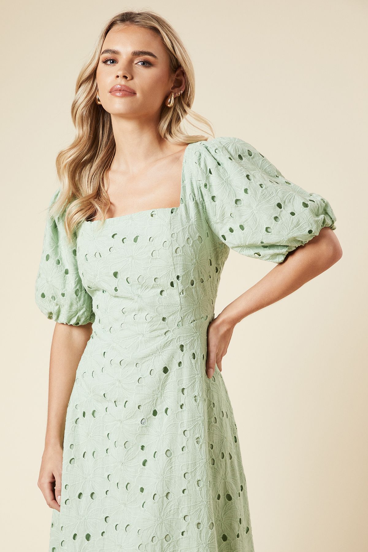 Dorothy Perkins Petite DP Luxe Lace Puff Sleeve Midi Dress Sage image 2