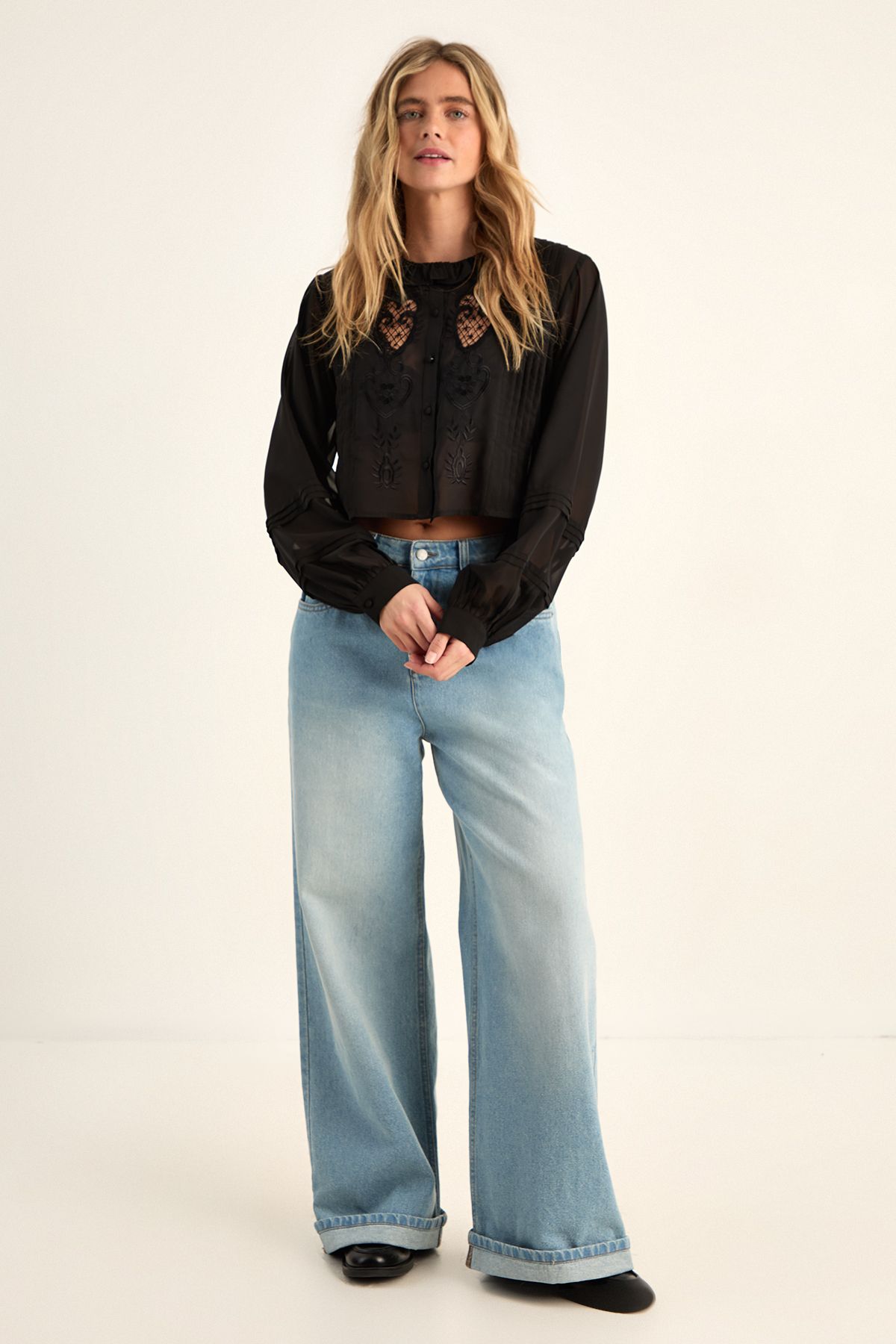 NastyGal Cutwork Sheer Pintuck Blouse Black image 2