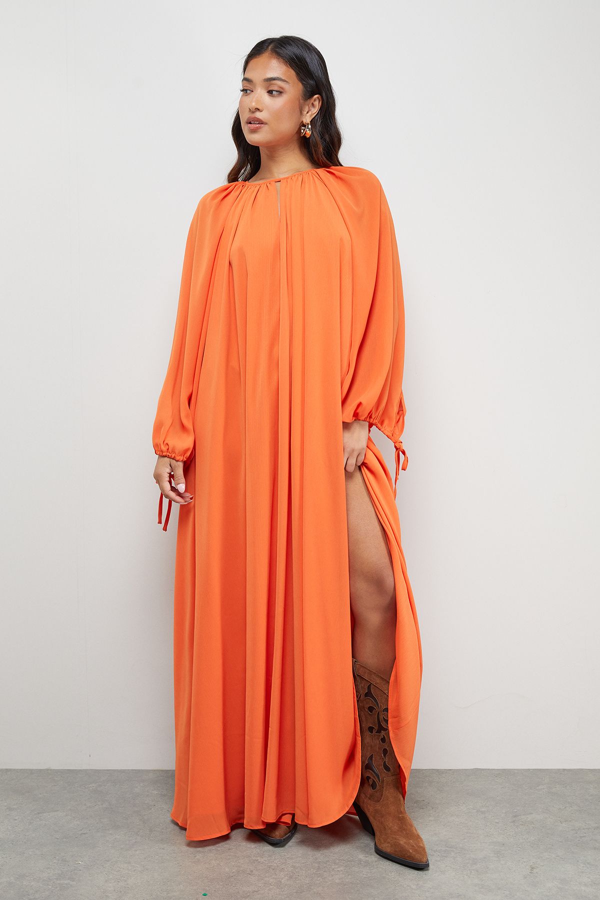 Warehouse Petite Chiffon High Neck Trapeze Maxi Dress Orange image 2