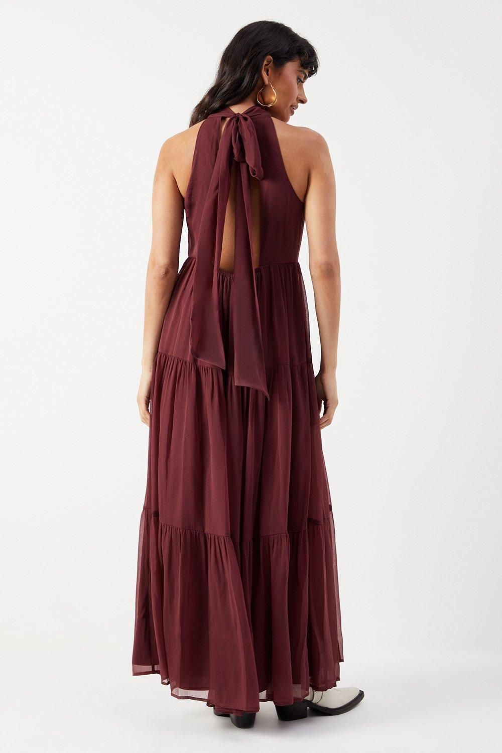 Warehouse Chiffon Halter Tier Maxi Dress Chocolate image 3