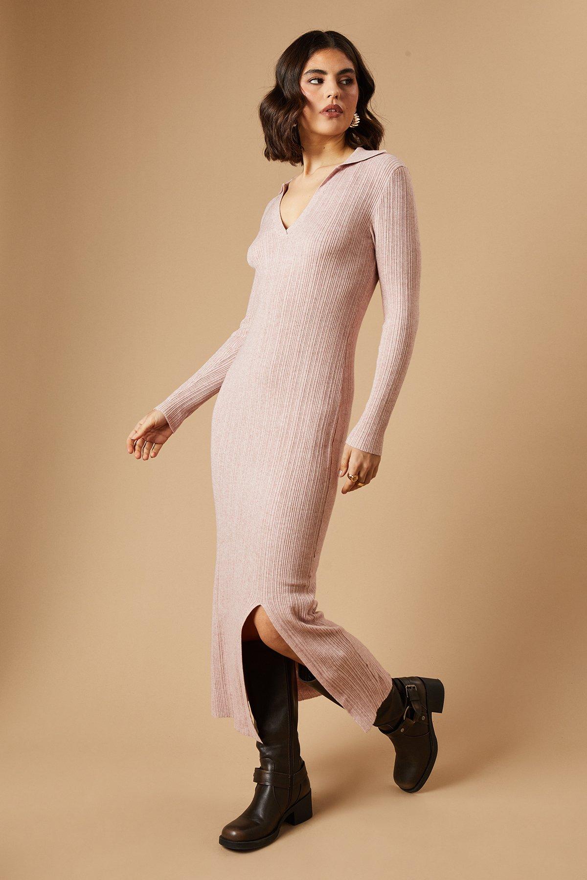 Oasis Ribbed Collared Knitted Midi Dress Rose image 4