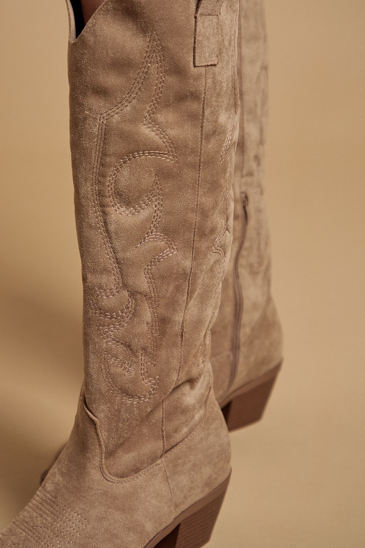 Oasis Jess Faux Suede Embroidered Western Knee Boots Taupe image 4