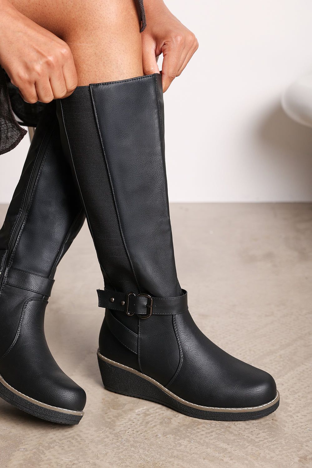Where's That From 'Regina' Faux Leather Knee High Wedge Boots With Strap And Buckle image 5