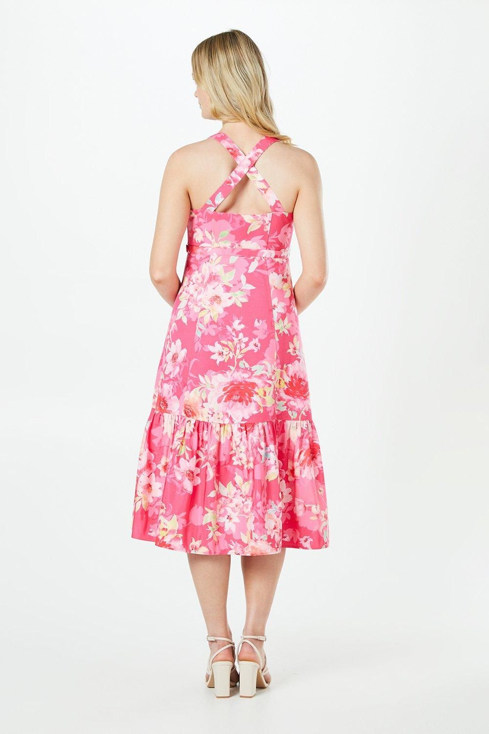 Oasis Floral Ottoman Twill Belted Midi Dress Pink image 3