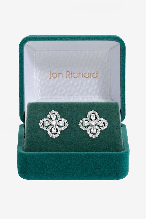 Jon Richard Rhodium Plated and Cubic Zirconia Clover Stud Earrings - Gift Box