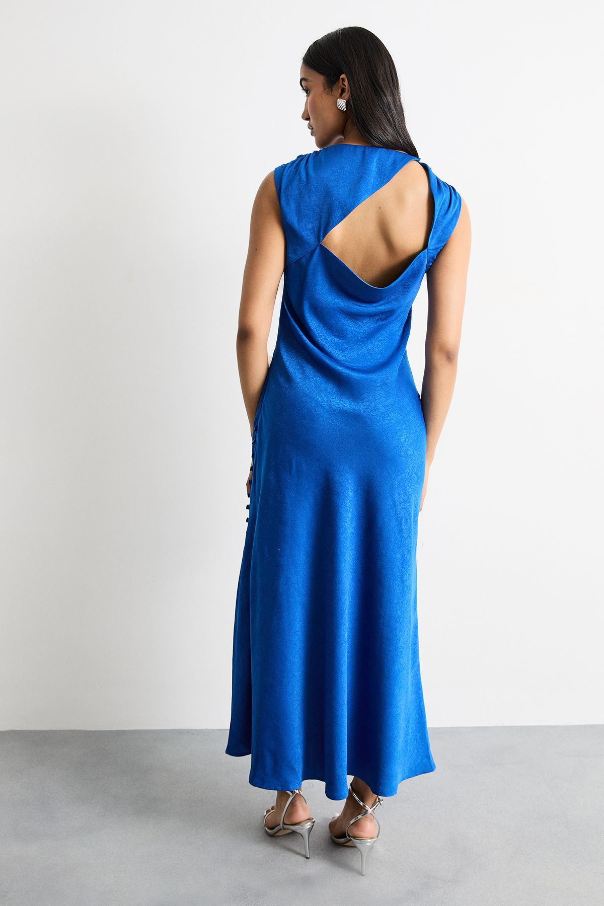 Warehouse Cowl Bias Satin Dress With Button Detail Cobalt image 3