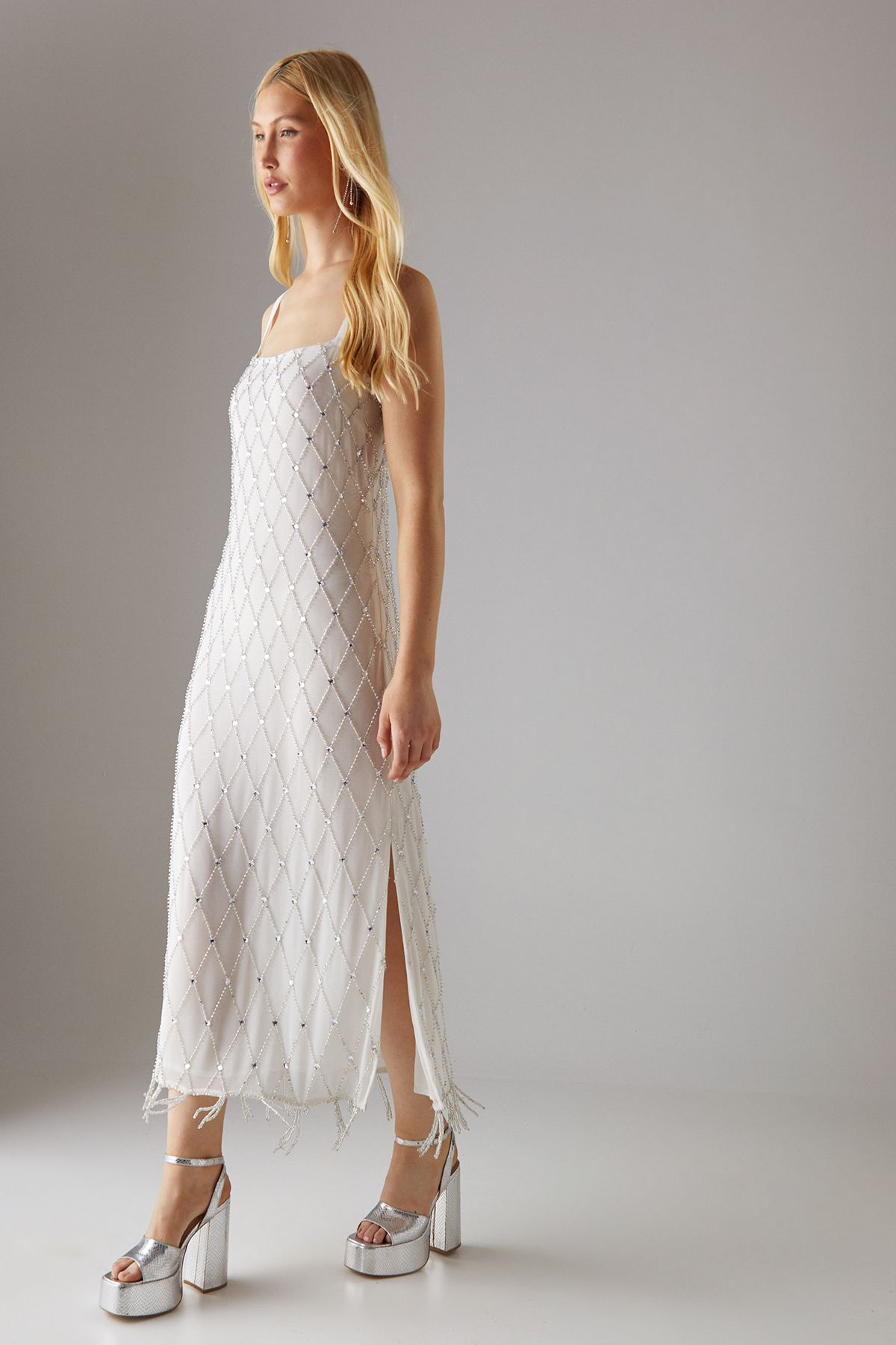 Warehouse Hand Embellished Strappy Sequin Fringe Hem Midi Dress Ivory image 2