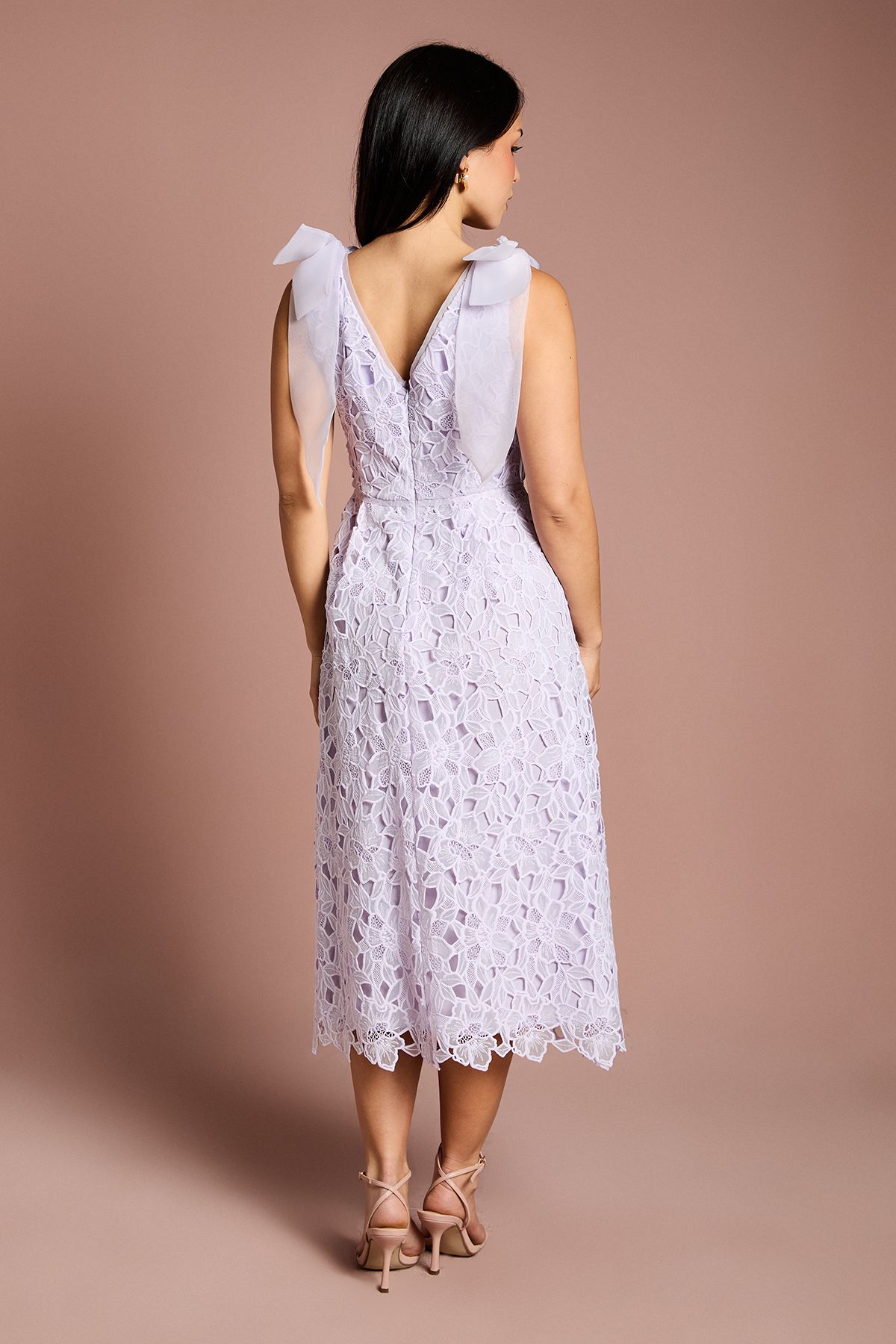 Coast Petite Bow Shoulder Organza Lace Midi Dress Lilac image 3