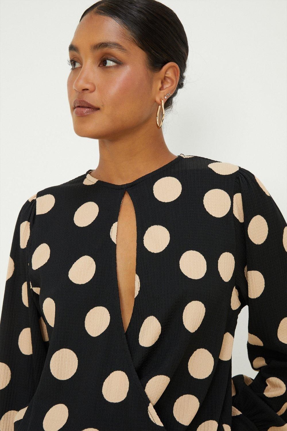 Dorothy Perkins Spot Key Hole Wrap Long Sleeve Top Mono image 2