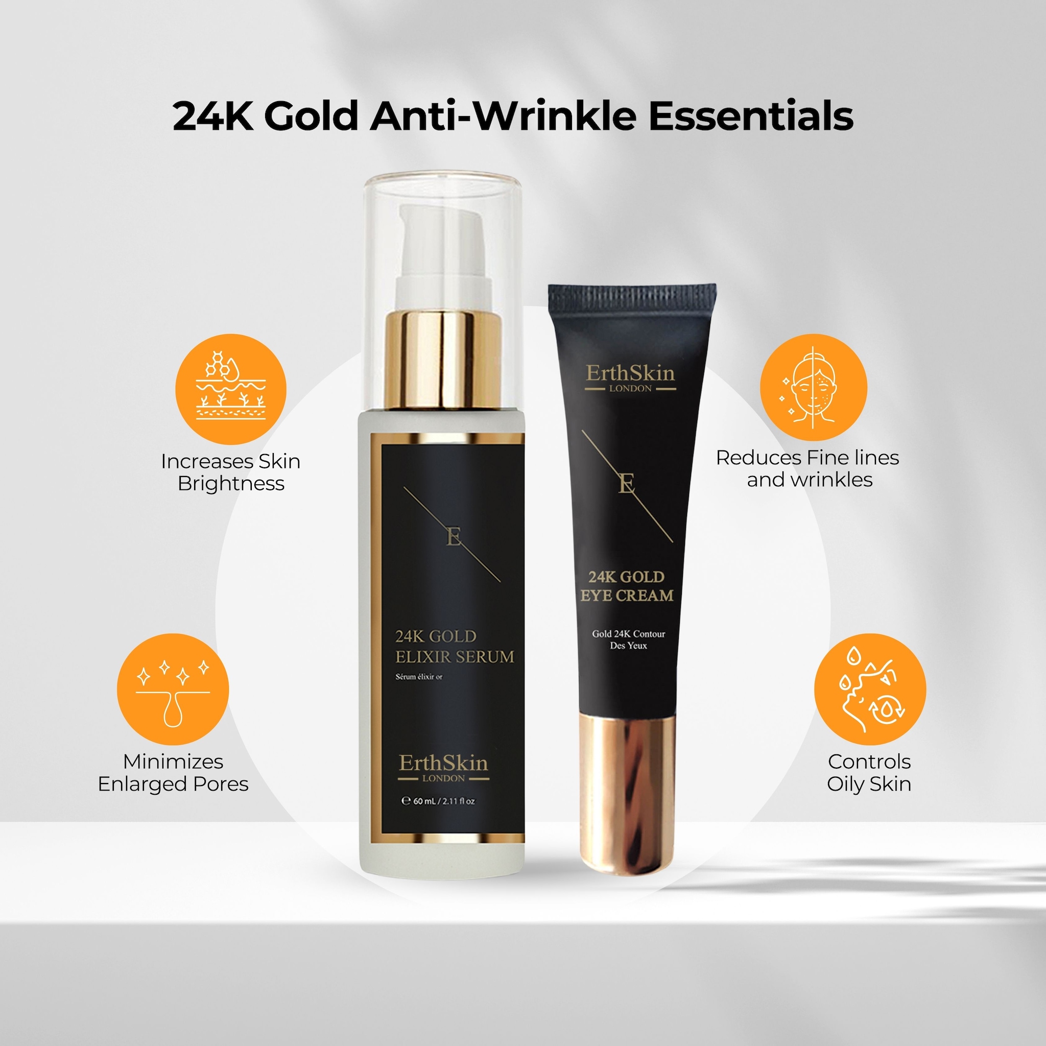 Erth Skin London Anti-Wrinkle Elixir Serum 24k Gold + Under Eye Cream 24k Gold image 2
